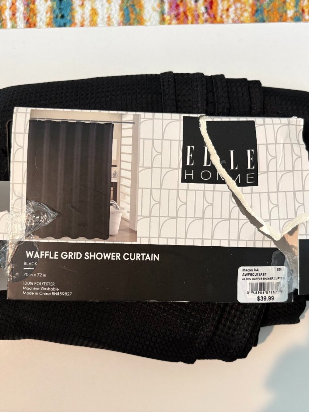 Elle Home Black Waffle Grid Shower Curtain *NEW*